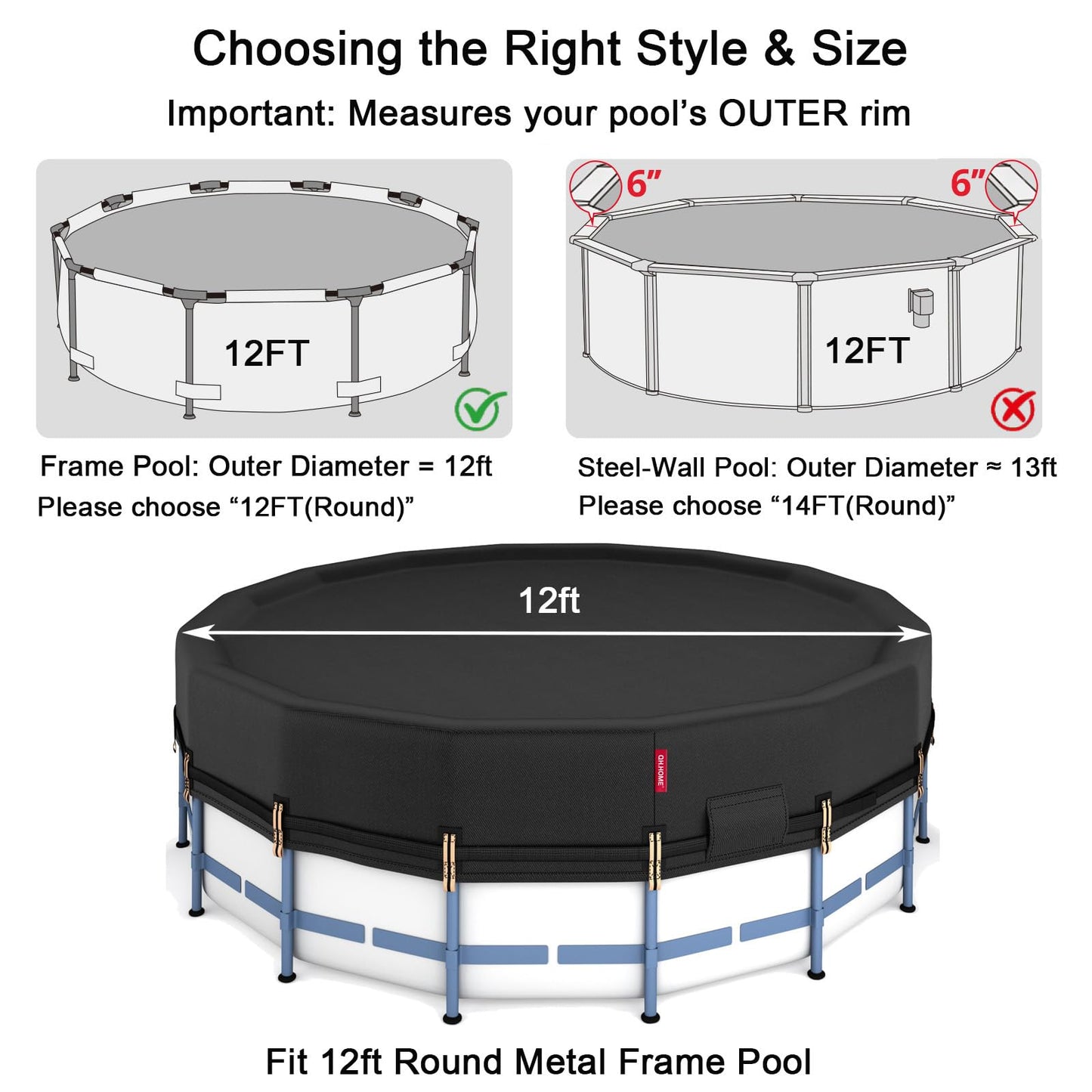 QH.HOME 12Ft Round Pool Cover,Super Windproof Ratchet Straps (1,500lb Break Strength)-Effective Installation/Removal,Pool Cover for Above Ground Pools,Snug Fit,Blocks Leaves, Sun & Water