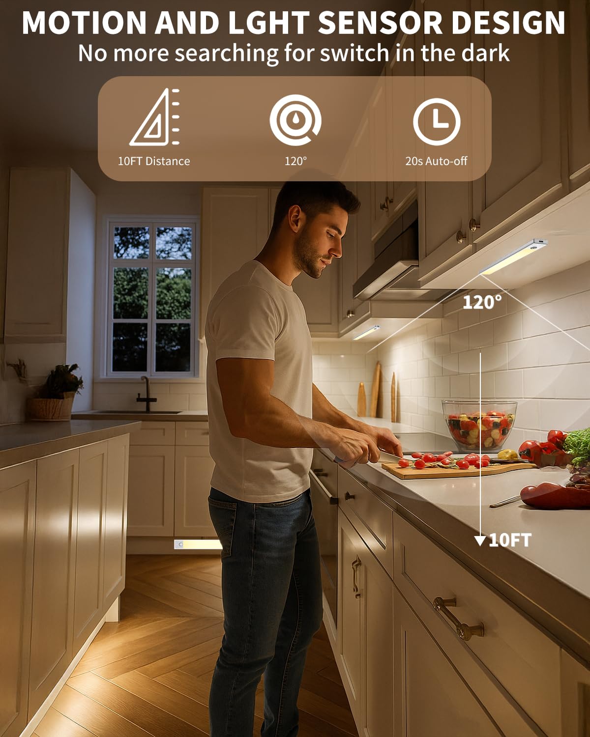 Under Cabinet Lighting 8 inch Rechargeable Battery Operated Motion Sensor Light Wireless Under Counter Lights for Kitchen, Stairs,Hallway (3 Pack)