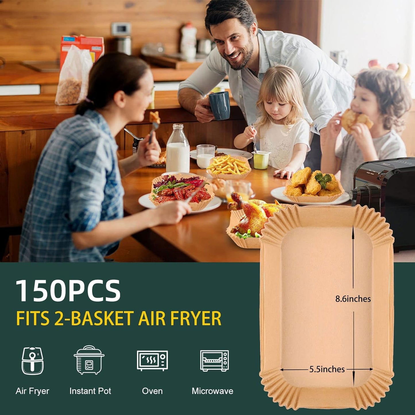 Air Fryer Disposable Paper Liners for Ninja Dual Airfryer Accessories, Non-Stick Parchment Rectangular for Baking, Oil Proof, Water Proof, for Microwave Oven (150PCS, 8.6in x 5.5in）