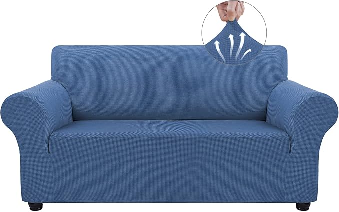 Asnomy Sofa Covers for 2 Cushion Couch Stretch loveseat Covers Slipcovers, Pet Protector Furniture Covers for Dogs Cats Spandex Jacquard Fabric Small Checks （Medium，River Blue）