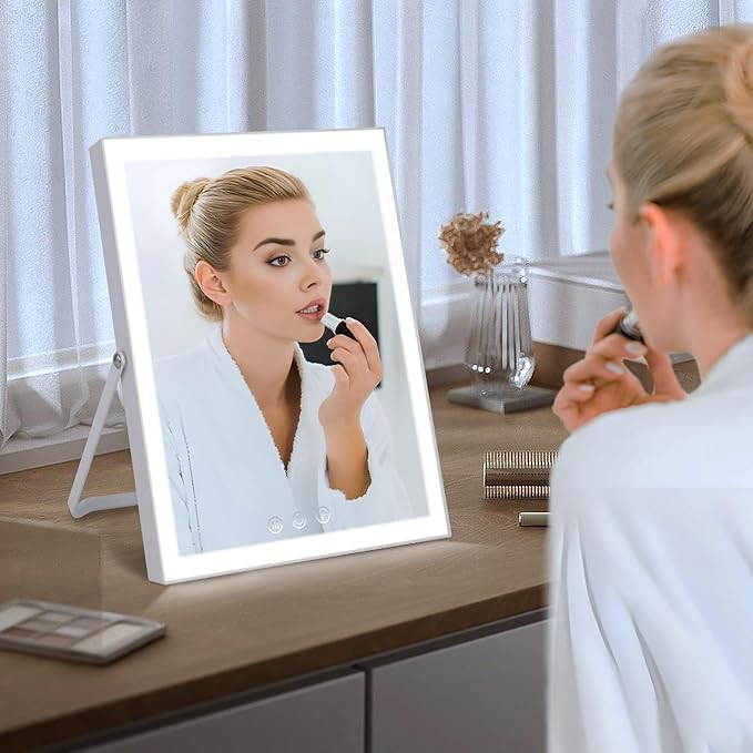 Vanity Mirror with Lights,10"x12" Lighted Makeup Mirror with 3 Color Modes & Dimmable, 360ÃÂ° Rotation Desk Mirror, Dual Power Supply, Smart Touch Control with Settings Memory (White)