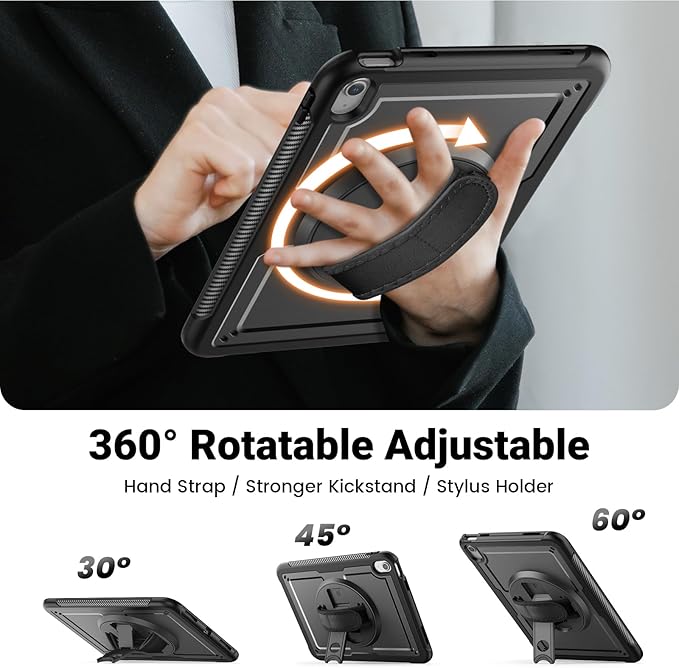 SCSVPN Case for iPad (A16) 11th Generation 11 Inch 2025 / 10th Generation 10.9 Inch 2022, Shockproof Protective Case with Screen Protector, Pencil Holder, Rotating Stand, Hand/Shoulder Strap - Black