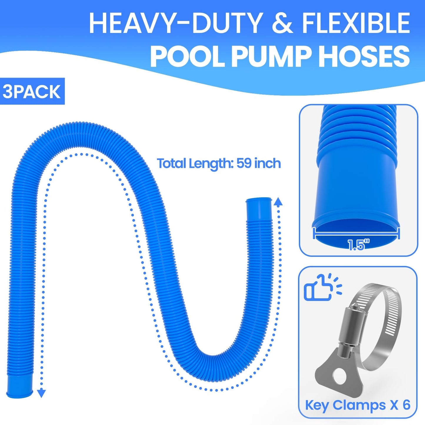 Poolvio 1.5" x 59" Above Ground Pool Hoses, 3-Pack, Blue- Heavy Duty UV Resistant Leak-Proof Replacement Hoses with 6 Metal Thumb Clamps, Perfectly Fits Intex Filter Pumps & Pool Surface Skimmers