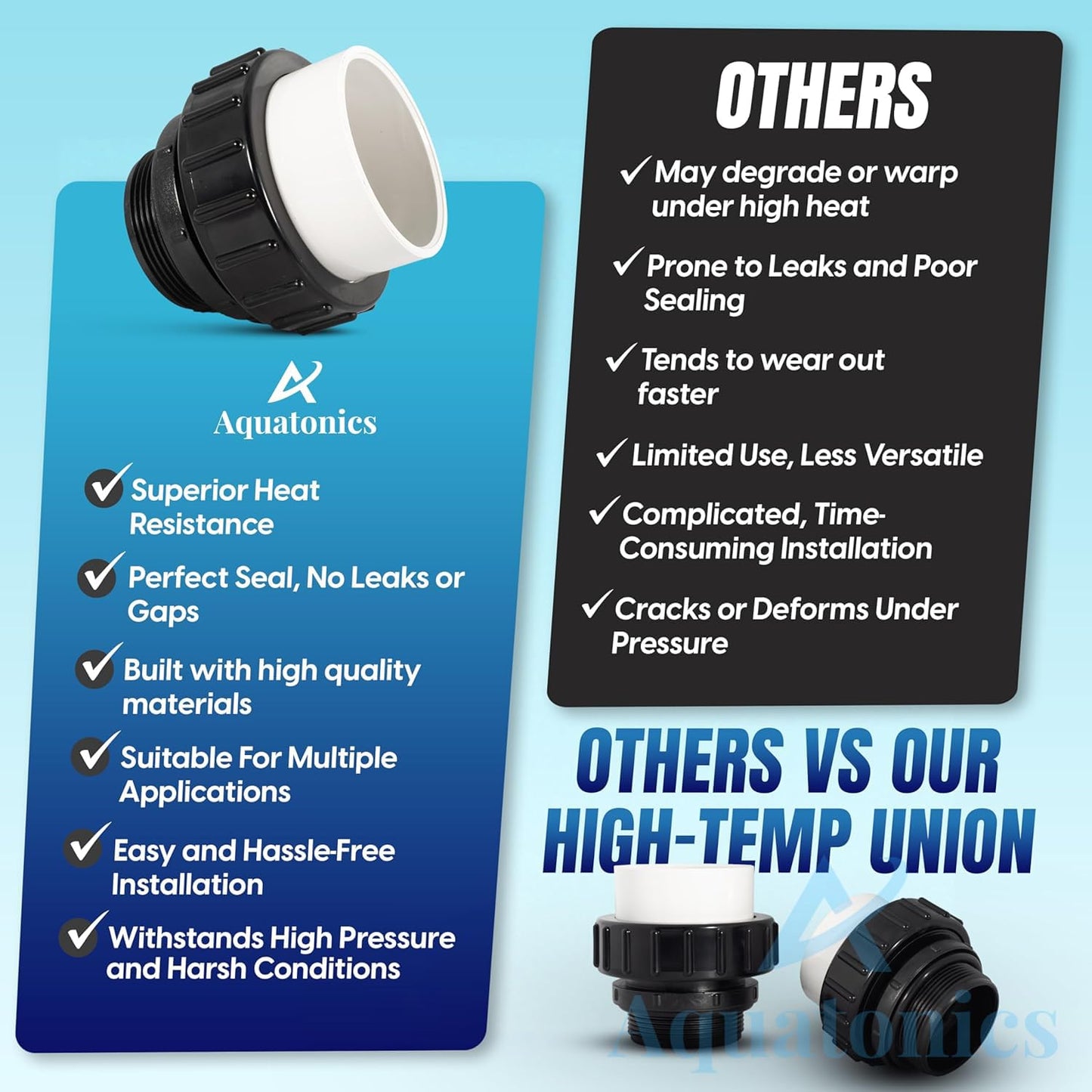 Aquatonics High-Temp Joints – 2-Pack 1-Set Hi Temp Union Compatible with Whisperflo, Intelliflo – 2" Threaded Connectors for PVC Pipes – 2-inch PVC Union Replacement for Pool Pumps
