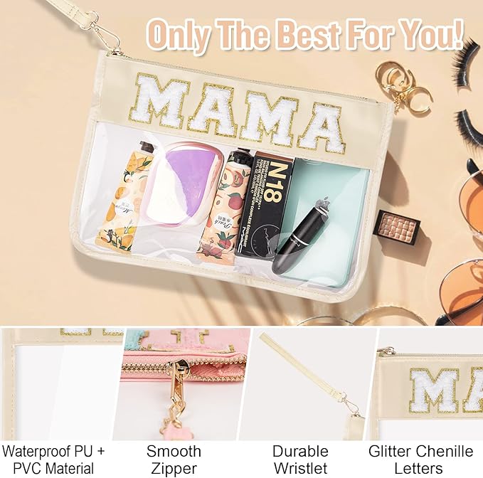 izuzta Chenille Letter Clear Bag Mama Purse Pouch, Monogram PVC & PU Clear Zipper Pouch with Wristlet, Waterproof Portable Glitter Snacks Makeup Beach Pouch Toiletry Bag for Women Girls (MAMA-Beige)