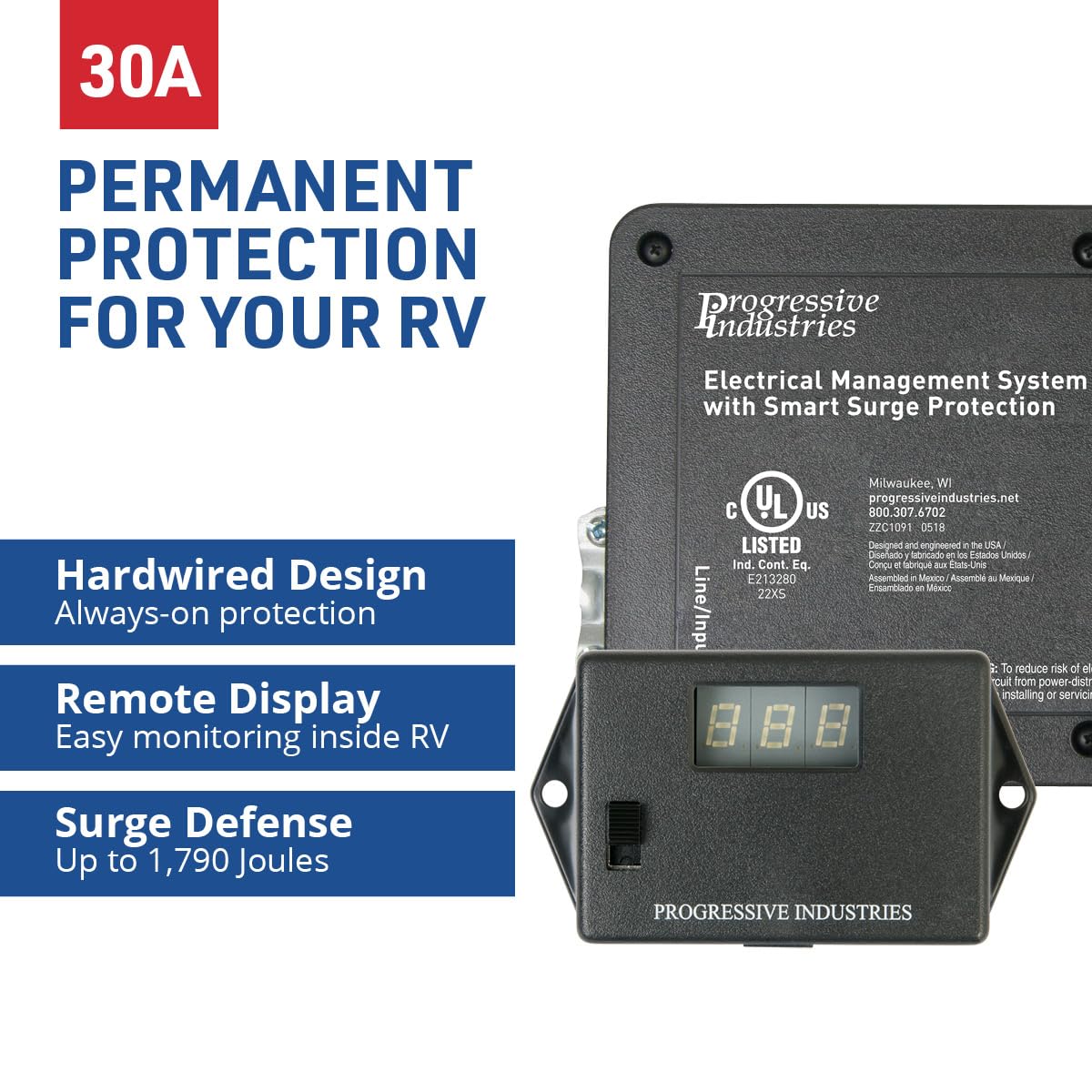 Progressive Industries EMS-HW30C Heavy Duty RV Surge Protector, Black, 30 Amp