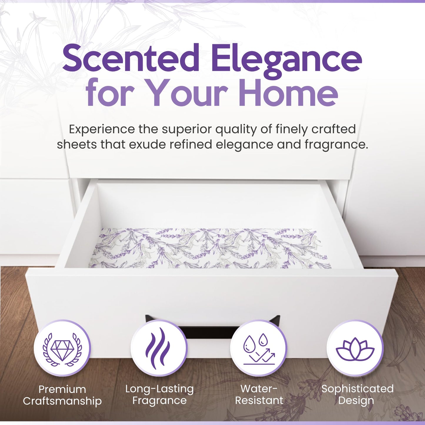 Lavender Scented Drawer Liners for Dresser Drawers (10 Large Sheets, 19.7" x 14.4") - Non Adhesive Drawer Paper Liner for Bedroom Dresser & Closet Shelves by Linda’s Essentials