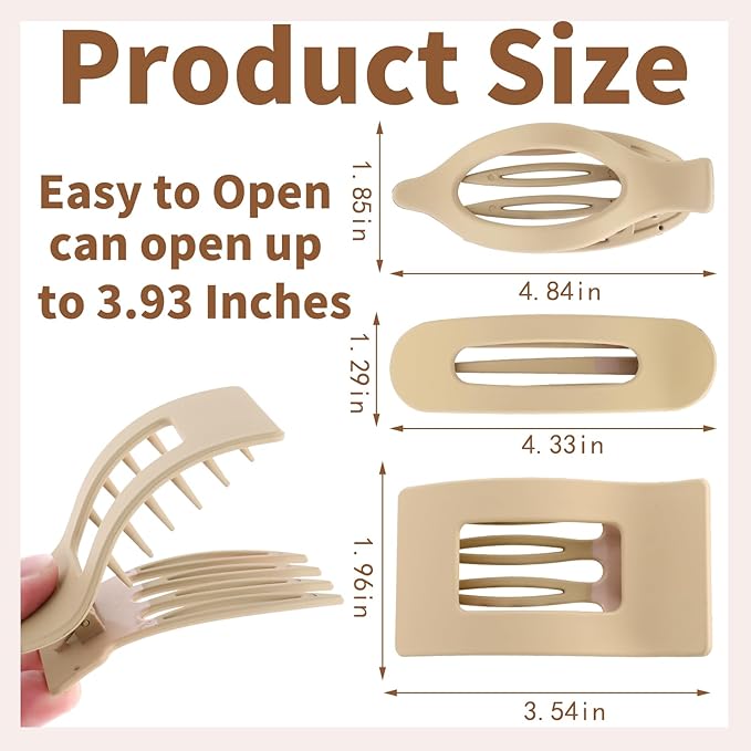 12 Pack Flat Hair Clips for Women-3 Styles Matte Neutral Flat Claw Clips, Black, Blonde,Light Brown & Dark Brown, Thick & Thin Hair Styling Accessories