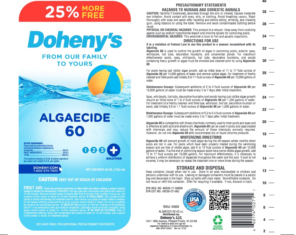 Doheny's Algaecide 60 | Pro-Grade, Metal-Free & Non-Foaming | Prevents All Algae Types | No Stains, No Clouding | Safe for Salt, Chlorine & Bromine Pools | Treats 160,000 Gallons | 40oz