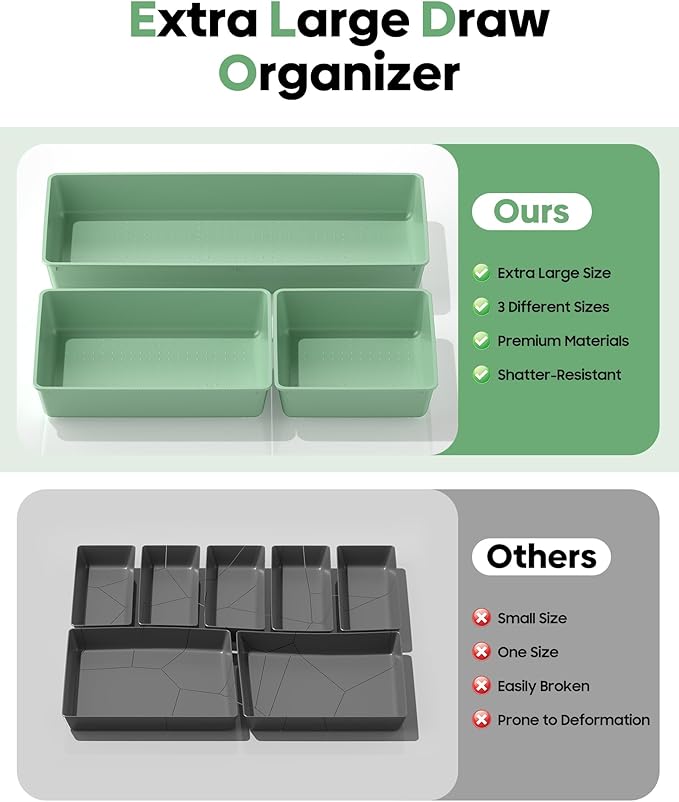 10 Pack Large Size Plastic Drawer Organizers Set, 3 Sizes Desk Drawer Organizer Trays, Storage Bins for Vanity, Makeup, Bathroom, Kitchen Utensils and Office (Green)