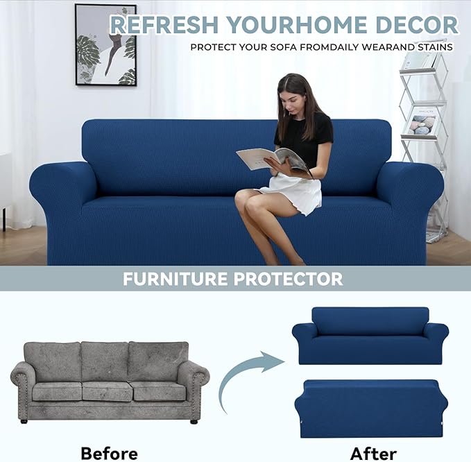 LURKA Stretch Sofa Slipcovers 1 Piece Couch Covers for 3 Cushion Couch Sofa Furniture Protector Full Sofa Covers with Elastic Bottom for Kids and Dog (Large, Royal Blue)