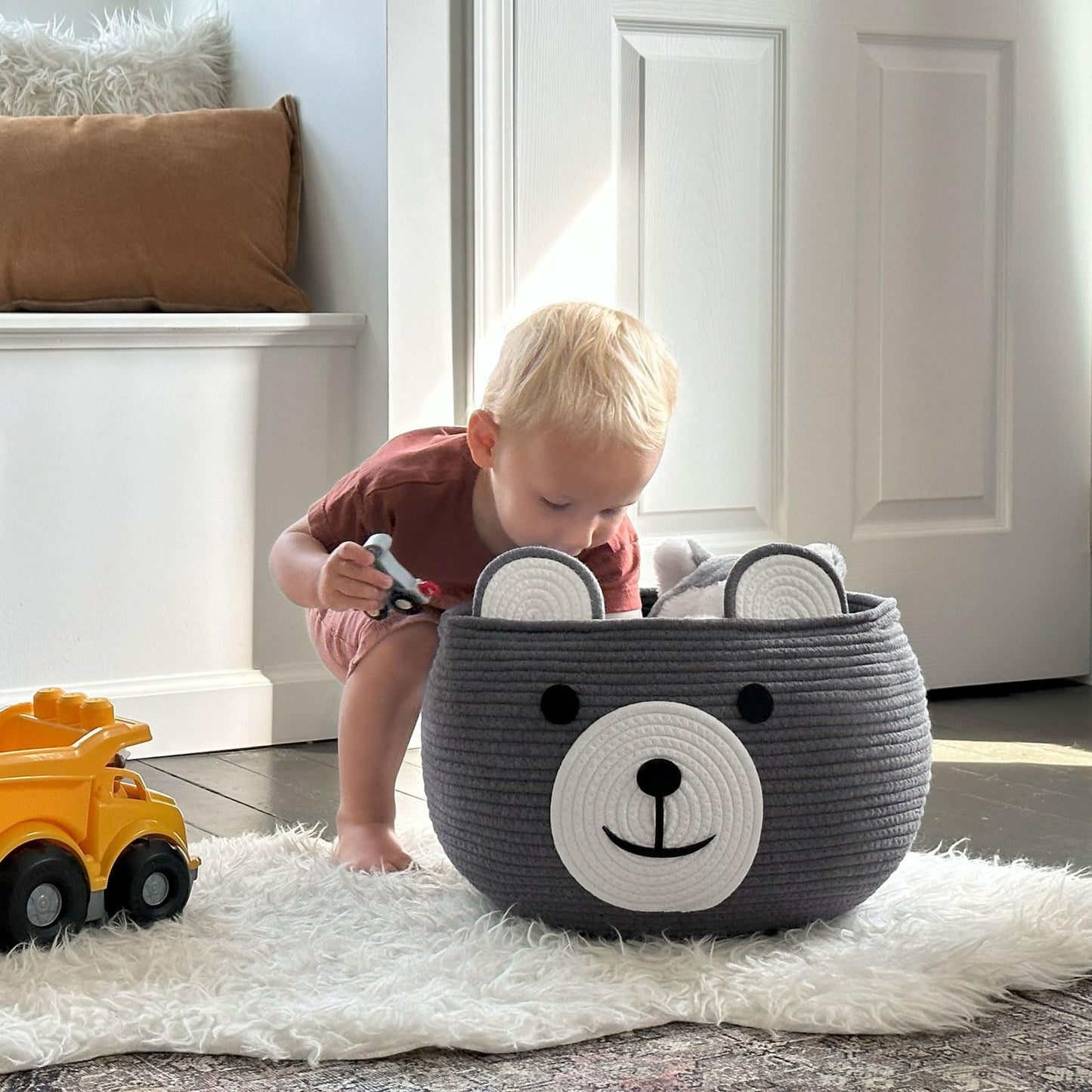 CherryNow Cotton Rope Baby Cute Storage Basket for Organizing, Toy Woven Rope Bear Basket for Kids, Empty Gift Baskets with Handles, Grey, 15.7" D x 10.5" H
