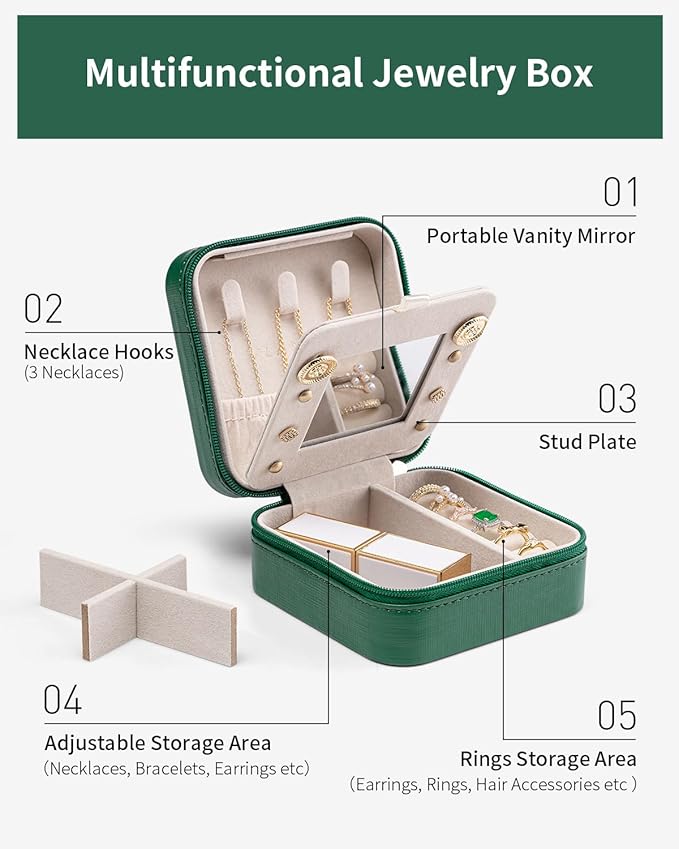 VLANDO Small Travel Jewelry Box Organizer - Girls Women Gift Rings Earrings Necklaces Jewelry Storage Display Case with Mirror Dark Green