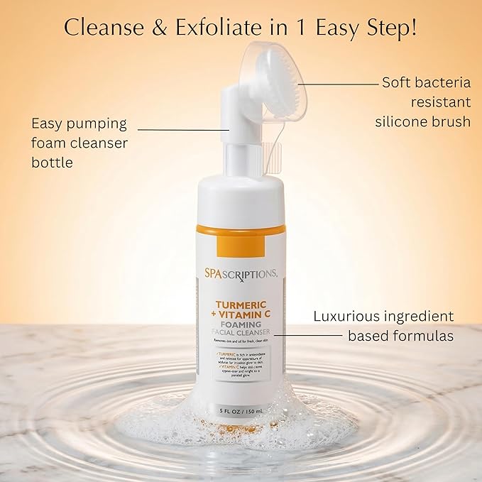 SpaScriptions 2 in 1 Cleanse & Exfoliate Foaming Facial Cleanser - Turmeric & Vitamin C Face Wash with Silicone Brush for Dullness & Uneven Skin Tone with Radiance Support for Daily Cleansing, 5 oz