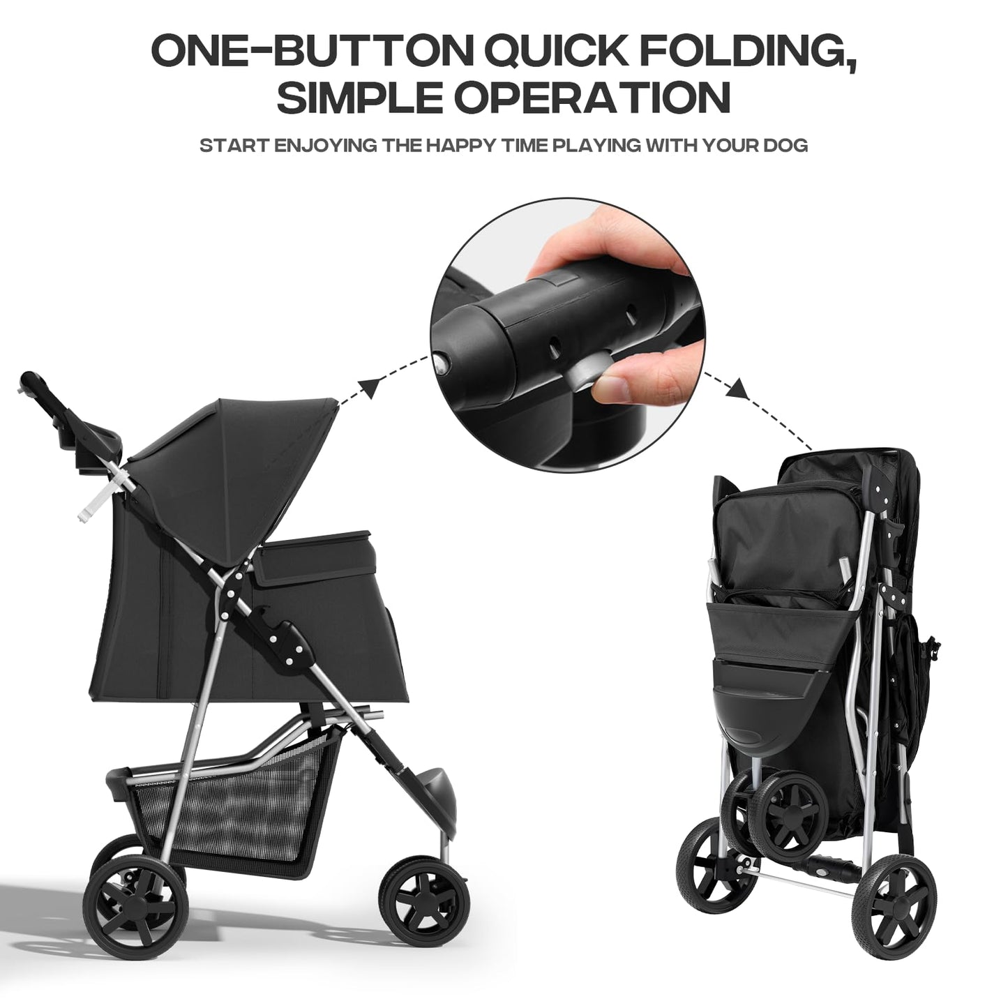 Pet Stroller for Small Dogs 10 lbs, Dog Stroller for Medium Dogs 30 lbs, Cat Strollers for 2 Cats, 3 Wheels Foldable Jogger Puppy Stroller with Storage Basket and Cup Holder, Carbon Black