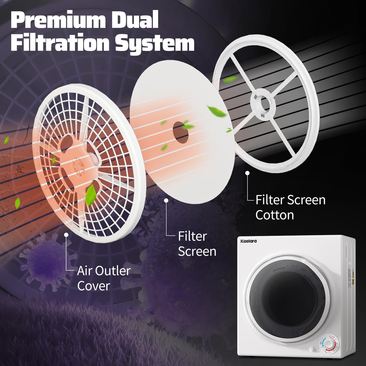 Kaelara Portable Dryer, 3.5 Cu.ft Portable Dryers for Laundry with Stianless Steel Tub, 1500W Clothes Dryer Machine for Home, Apartment, 4 Dring Mode, Auto-shutt off, White