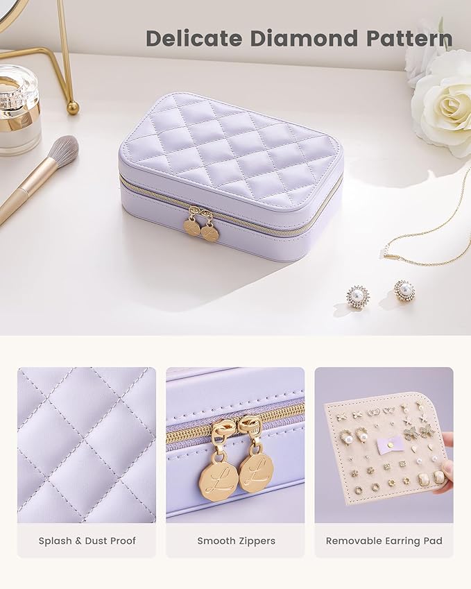 Lolalet Travel Jewelry Case for Women Girls, Travel Jewelry Organizer with Clear Storage Bag Small Portable Jewelry Box for Necklace Bracelet Earring Ring Birthday Bridesmaid Gifts -Medium/Purple