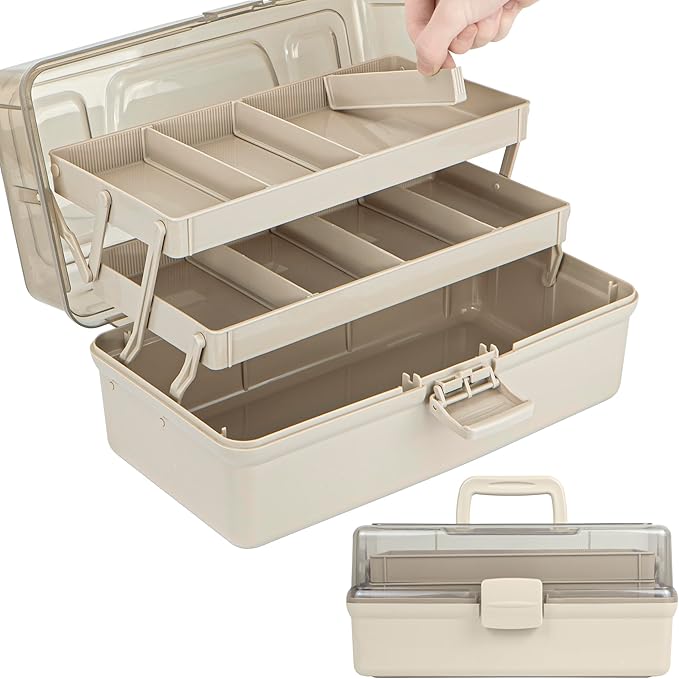 12.5in 3-Layer Multipurpose Craft Organizers and Storage with Adjustable Dividers, Portable Tackle Box, Folding Art & Craft Case for Medicine, Tool, Sewing Organizer (Brown)