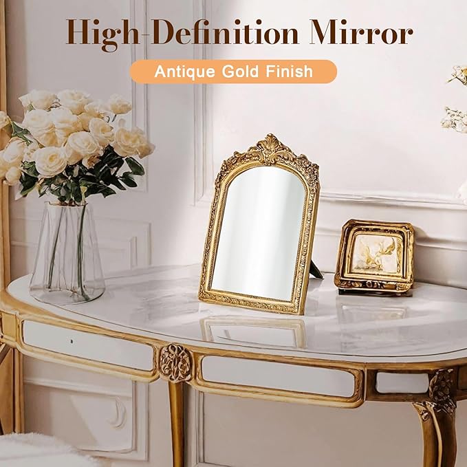 YUSONG Vintage Makeup Desk Mirror - 7" Gold Antique Mirror for Tabletop Resin Frame Decorative Wall Art for Living Room, Bedroom Decor, Vanity Table