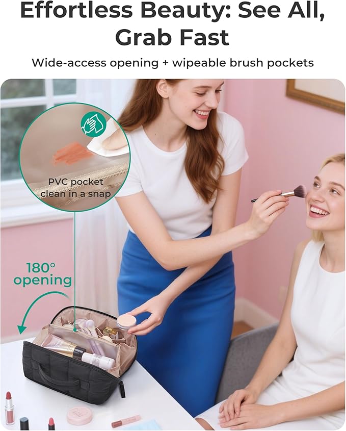 BAGSMART Travel Makeup Bag for Women, Portable Water-resistant Cosmetic Case, Puffy Padded Make Up Organizer Pouch, Open Flat Toiletry Bag for Toiletries, Brushes, Forest Green