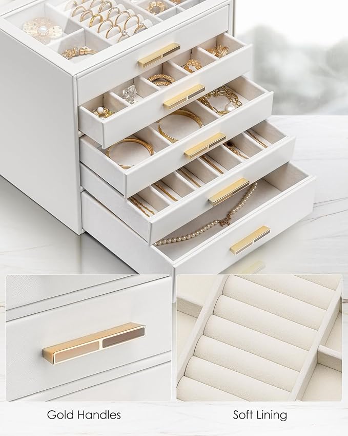 Vlando 5 Layer Jewelry Box for Women, Glass Lid Jewelry Organizer with 5 Drawers for Necklaces Rings Earrings Bracelets - White
