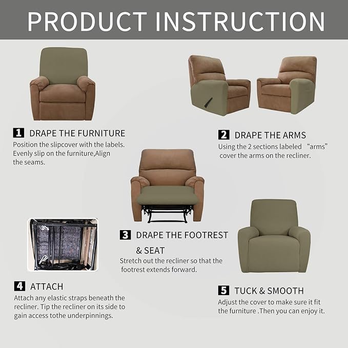Easy-Going 4 Pieces Oversized Recliner Stretch Sofa Slipcover Sofa Cover Furniture Protector Couch Soft with Elastic Bottom Polyester Spandex Jacquard Fabric Small Checks Khaki,X-Large