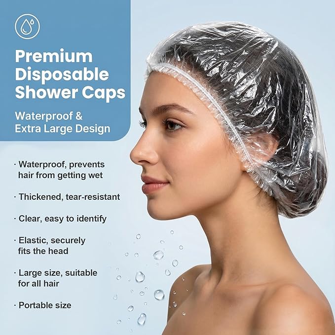 MAQIHAN 100 Disposable Shower Caps Large - Thickened Plastic Hair Caps for Deep Conditioning Shower Cap Reusable Waterproof for Women Men Hair Treatment Bath Cap for Long Hair Travel Essentials