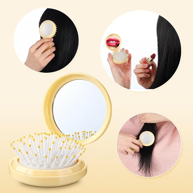 Boao 2 Pack Foldable Travel Mirror Hair Brushes Round Portable Folding Pocket Hair Brush Mini Comb Compact Travel Size Massage Comb for Men Women(Yellow,Round)