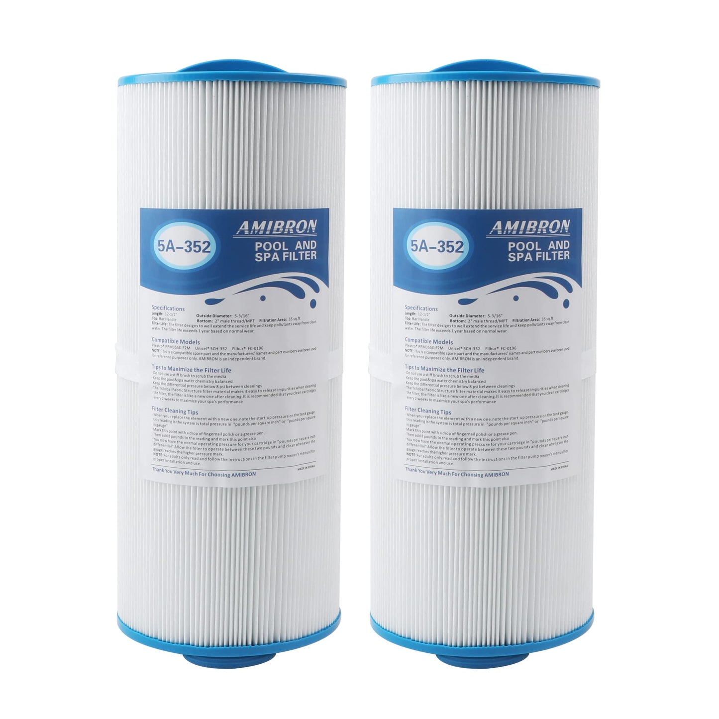 AMIBRON 5CH-352 Replaces Marquis Spa Filter, Compatible With PPM35SC-F2M,FC-0196, Marquis 35, Marquis Spa 20042, 20092, 70-0240, 370-0242, 370-0243, 2" Male Fine Thread 35 sq.ft. Hot Tub Filter 2 Pack