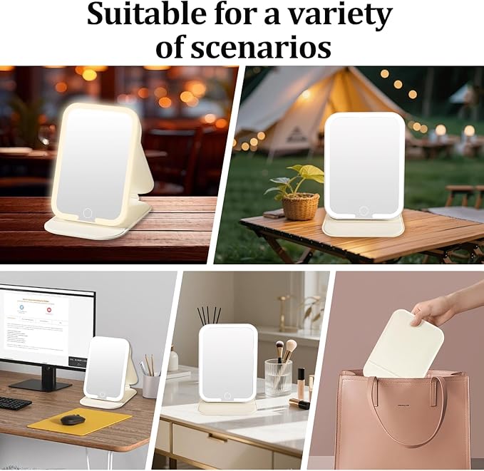 Rechargeable Travel Mirror with Light, LED Makeup Mirror with Lights, Portable Vanity Mirror with 3 Color Lighting, Touch Dimmable Lighted Cosmetic Mirror, Travel Essentials for Women (Beige)