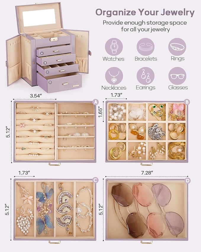 Homde Synthetic Leather Huge Jewelry Box Mirrored Watch Organizer Necklace Ring Earring Storage Lockable Gift Case (Grey Purple + Gold)