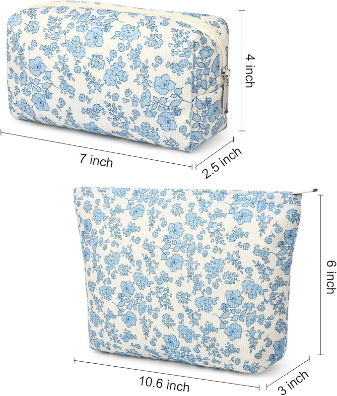 SOIDRAM 2 Pcs Makeup Bag Large Cosmetic Bag Toiletry Bag Makeup Pouch Travel Bag Organizer Cute Makeup Brushes Aesthetic Accessories Storage Bag for Women Blue Floral