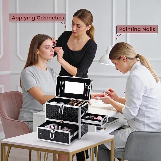 Frenessa Nail Polish Makeup Train Case with Drawer and Dividers Manicure Organizer Accessory Storage Makeup Box With Mirror Lockable Keys Nail Kit Organizer Cosmetic Case Jewelry Box - Black