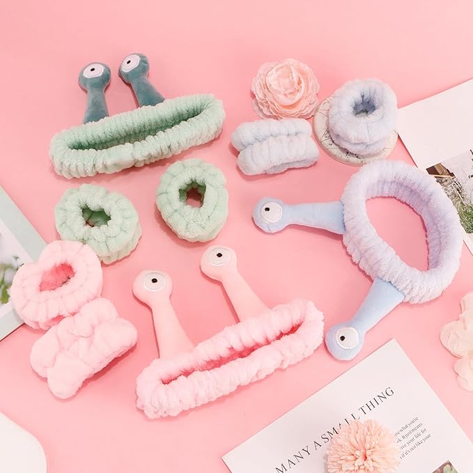 SuPoo 9 Pcs Skincare Headbands Snail Spa Headband and Wristband Set Alien Pink Face Wash Wristbands Cute Makeup Hair Band for Washing Face Wrap Head Towel Wrist Towels for Shower