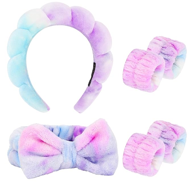CAVETEE 6 Pack Puffy Bow Tie Headbands with Makeup Wristbands - Cute Spa, Face Washing and Makeup Set for Women and Girls