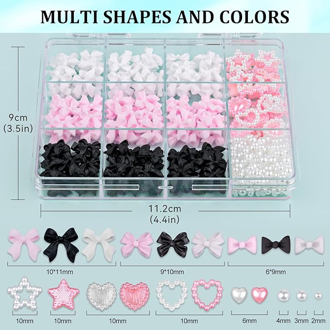600 Pcs 3D Nail Charms and Flatback Pearls #2, Pink White Black Multi Styles Bowknot Charms + Pink&White Star Heart Nail Jewels + 2-6mm White Nail Pearls for Nail Art Design with Pickup Tools