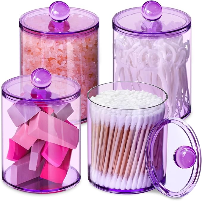 XIPENGKEJI 4 Pack Qtip Holder,Canister Apothecary Jar Set, Bathroom Jars with Lids Set for Cotton Swabs, Balls, Pads, Floss Picks,10oz-12oz Plastic Canisters Restroom Bedroom Vanity Organizer(Purple)