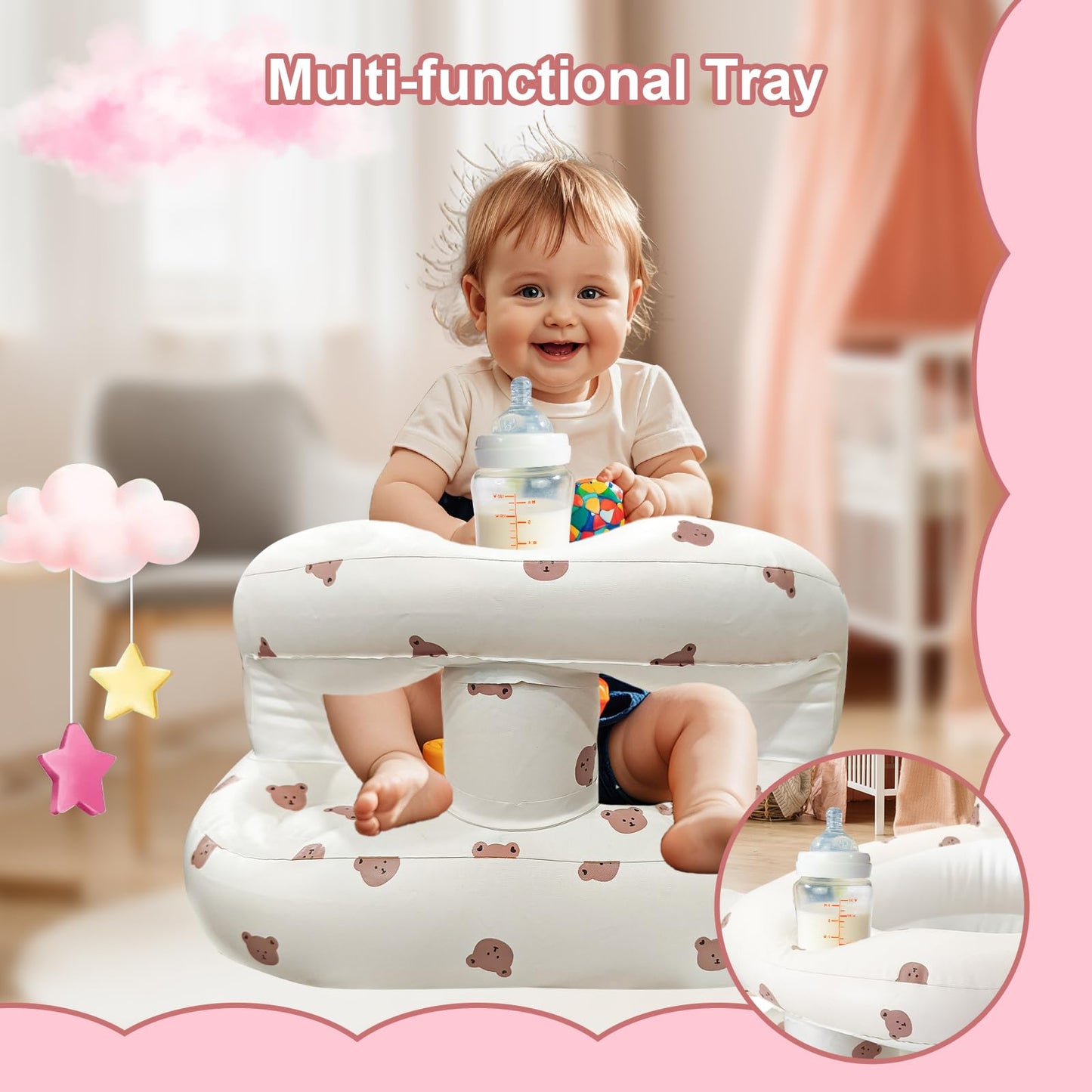 Inflatable Baby Seat for Babies 3-36 Months, Baby Chair with Fence & Built in Air Pump, Blow Up Floor Baby Seat with Back Support, Inflatable Baby Chair Sit Me Up for Home, Travel (Bear)