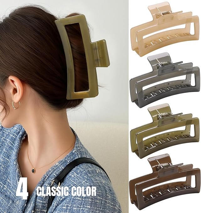 5 Inch Extra Large Claw Clips for Thick and Long Hair, 4 Pack XL Jumbo Clear Jelly Rectangle Hair Clips, Oversized Matte Non-Slip Strong Hold Jaw Clips for Women in Brown, Grey, and Light Green