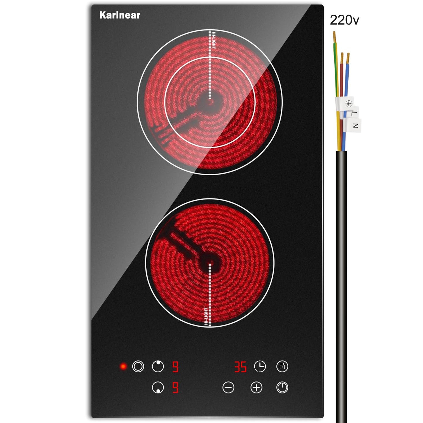Karinear 2 Burner Electric Cooktop 12 Inch, Drop-in Radiant Cooktop 220v - 240v with Child Safety Lock, Timer, Residual Heat Indicator, 3200W, Hard Wired, No Plug Electric Stove Top