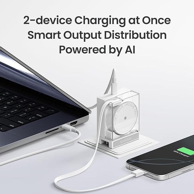 Retractable 65W USB C Charger, GaN Power Wall Charger with Retractable Cable, 2 Devices PD Fast Charging for MacBook Pro/Air, iPhone 16,Pixel Book, iPad Pro (White)