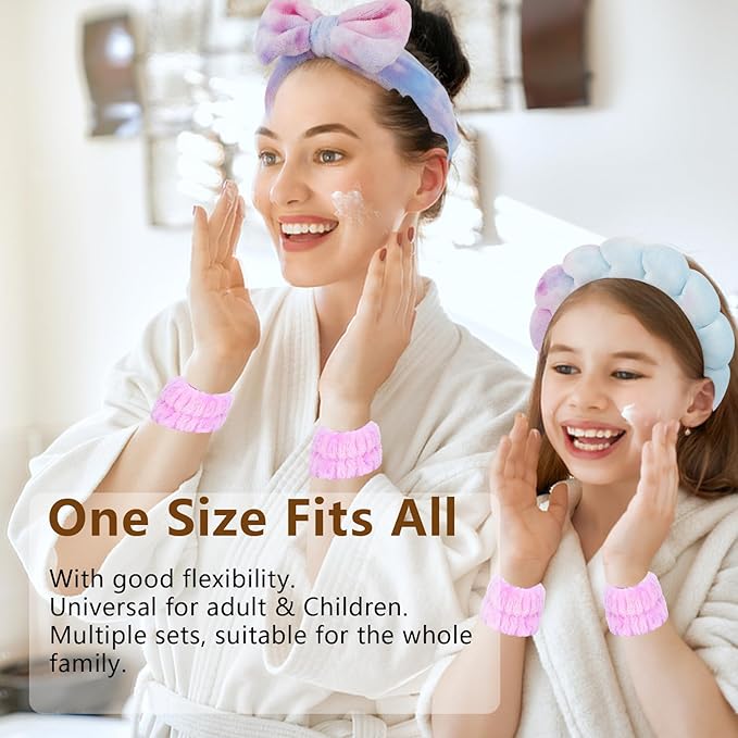 CAVETEE 6 Pack Puffy Bow Tie Headbands with Makeup Wristbands - Cute Spa, Face Washing and Makeup Set for Women and Girls