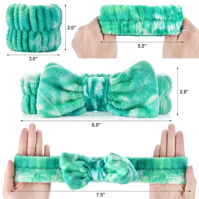 6PCS Spa Headband and Wristband Set for Face Washing, Soft Microfiber Skincare Hairband with Bow, Soft Absorbent Wrist Towels for Women Girls, For Makeup, Facial, Shower, Yoga