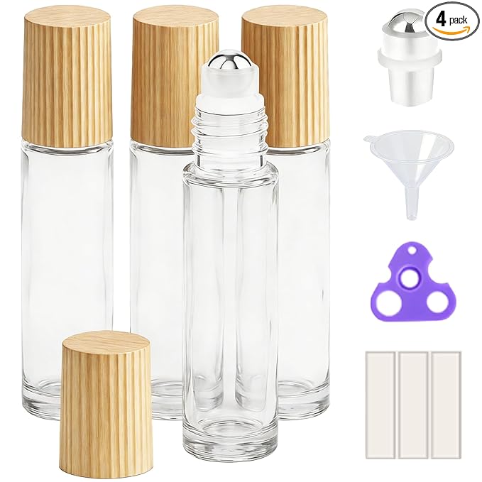 PrettyCare 4 Pack, 10 ml Essential Oil Roller Bottles with Stainless Steel Roller Ball - Refillable Leak-proof Empty Thick Clear Glass Roll on Bottles with Bamboo Caps for Travel, Perfume