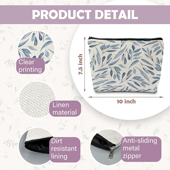 Blue Floral Makeup Bag Pouch, Blue and White Chinoiserie Makeup Pouch, Floral Cosmetic Bag, Boho Botanical Leaves Cosmetic Bag for Women