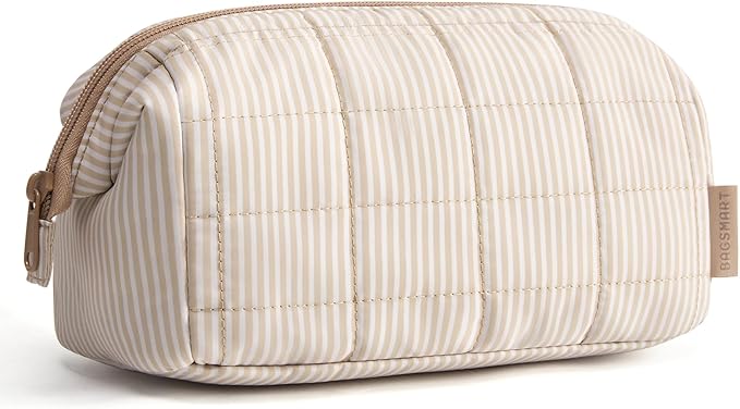 BAGSMART Makeup Bag Travel Toiletry Bag, Puffy Padded Make Up Bags for Women Makeup Organizer Case, Wide-open Pouch Purse Travel Essentials Toiletries Accessories Brushes, Strip Khaki Brown