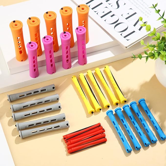 68 Pcs Hair Perm Rods Set - 6 Sizes Plastic Cold Wave Rods with Rat Tail Combs Hair Styling Clips, Perming Rods for Long Short Natural Hair Hairdressing Tools