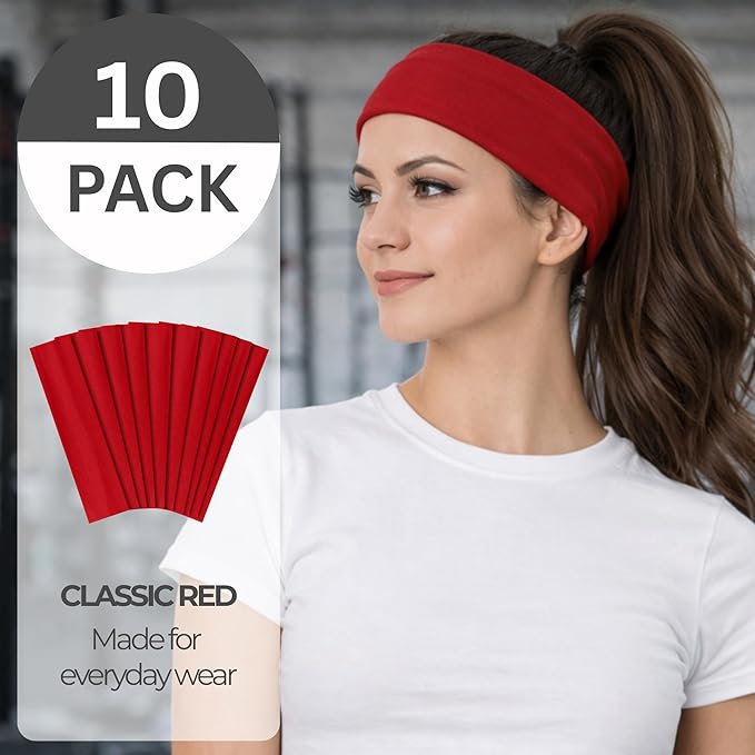 Styla Hair Headbands for Women Stretch Fashion Head Bands 10 Pack Non-Slip Head Wraps Great for Spa, Sports, Yoga, Pilates, Running, Gym Headband, Workouts - Red