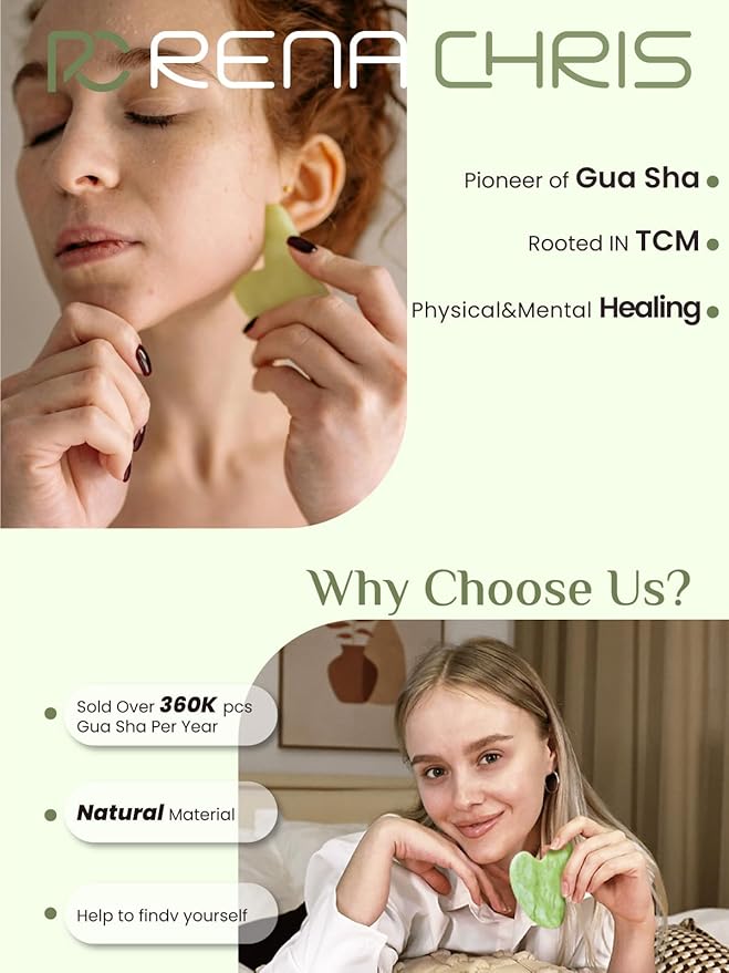 Rena Chris Gua Sha Facial Tools, Jade Guasha Tool for Acupuncture, Manual Massage Tool for Jawline Sculpting and Puffiness Reducing, Gua Sha Facial Massage Tool with Silicone Case (Lime Green)