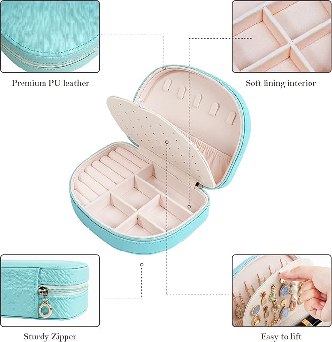 ProCase Travel Size Jewelry Box, Medium Portable Seashell-Shaped Jewelry Case, 2 Layer Jewelry Organizer in PU Leather for Women -Blue